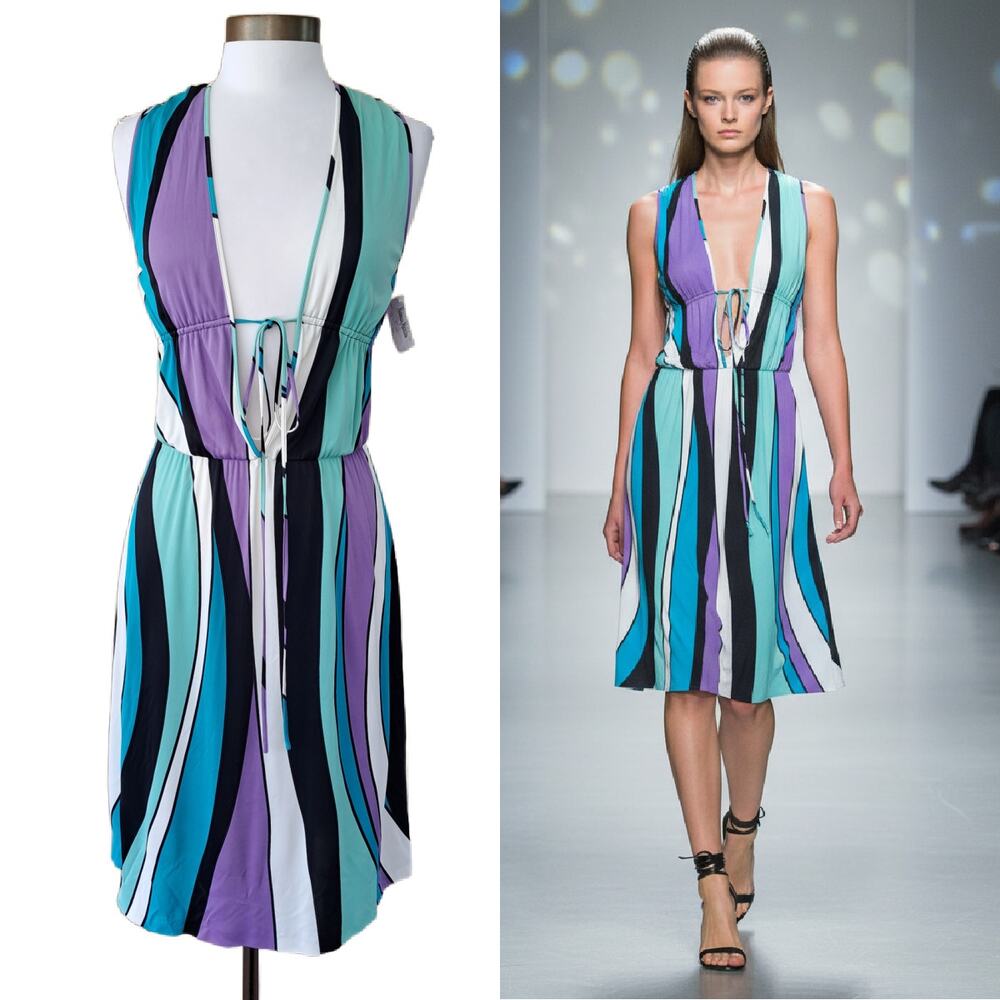 NWT Moschino Cheap Chic Dress Sz 8 Italy Plunge V Neck Wavy Stripe Jersey Midi